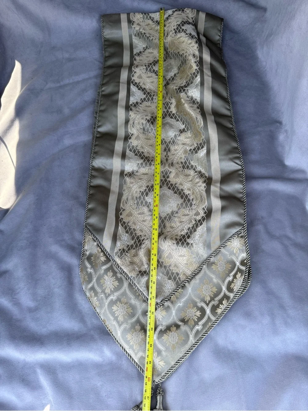 Vintage Gold Jacquard Damask Table Runner 72” with Bullion Tassels & Trim